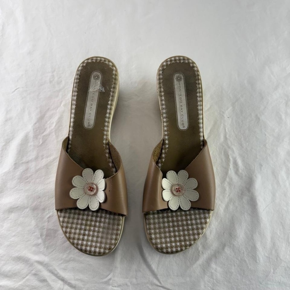 Tan Gingham Daisy Wedge Slide Sandals Sz 9 Y2k 90s Cottagecore Coquette Fairy